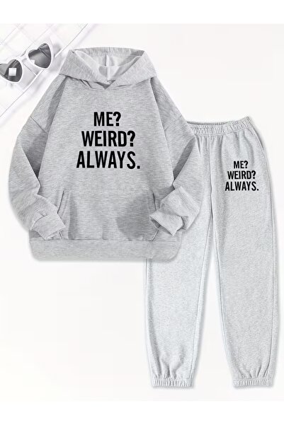 AEMİ Unisex Me Weird Ayways Printed Hooded Sweatshirt and Jogger Sweatpants- Bottom Top Set