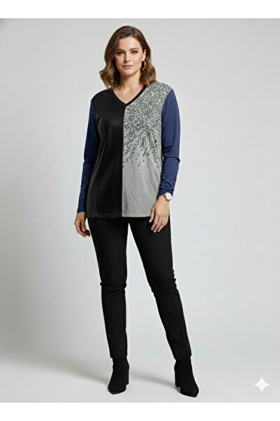 AKŞEN GİYİM Plus Size Strawberry Knitwear Leather Detailed V-Neck Premium Qua...