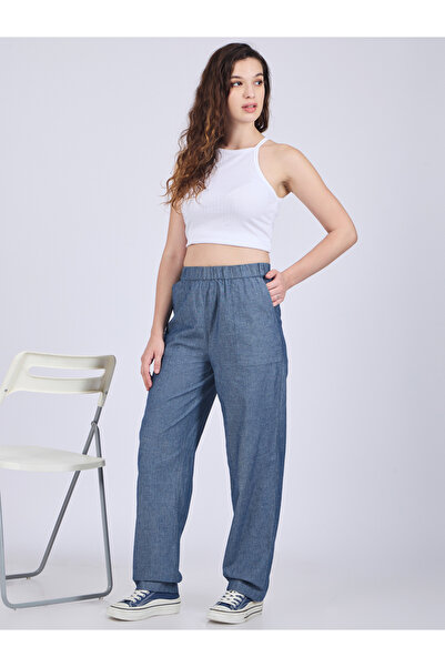 Outzidr By Styli Blue High Rise Solid Trousers