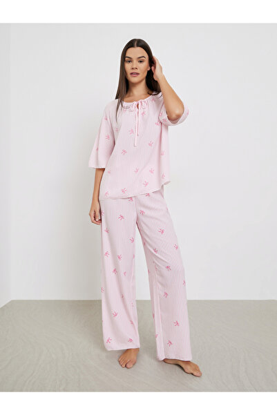 Styli All-Over Stripe and Bow Print Tie-Up Neck Top and Pyjama Set