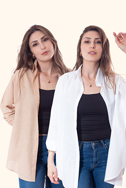 Justime Women's Oversized Cotton Linen Cream - White Shirt