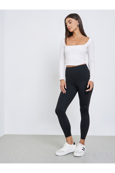 Styli Solid Black Leggings with Elastic Waistband