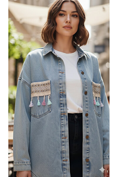 MODA Εθνικό τζιν μπουφάν με φούντα στην τσέπη, με λεπτομέρειες σε παλαιωμένο,...