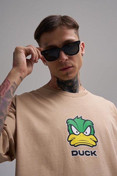 Machinist Unisex Oversized Duck Printed Cotton T-Shirt Beige