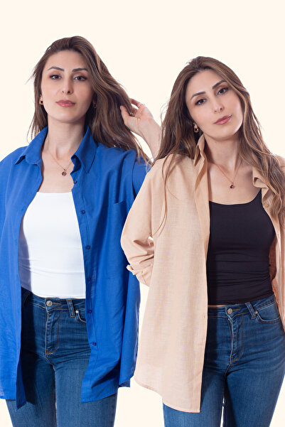 Justime Women's Oversized Cotton Linen Cream - Navy Blue Shirt