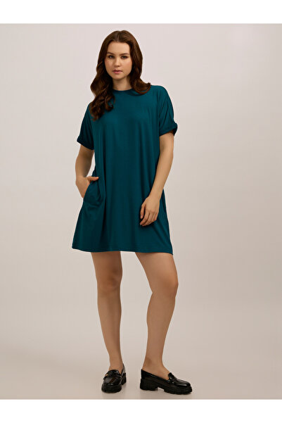 Outzidr By Styli Teal Fold-Up Sleeve T-Shirt Mini Dress