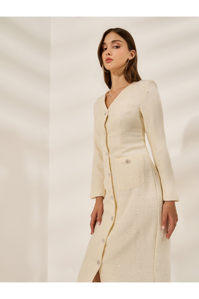 Styli Embellished Tweed Midi Bodycon Dress