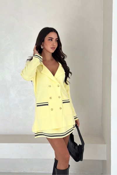 Noi Belis Double Breasted Collar Pocket Cardigan Mini Length Skirt Knitwear Bottom Top Set Aw25Au0003