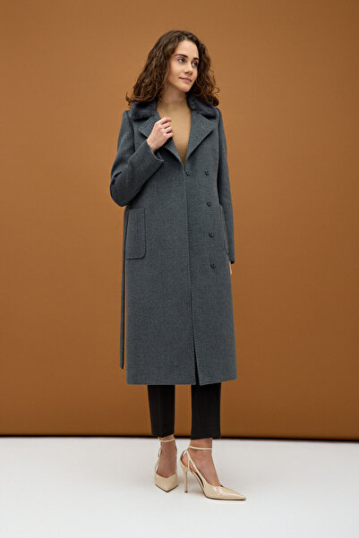 KENT Koyu Gri Kürk Yakalı Klasik Uzun Kaşe Kaban