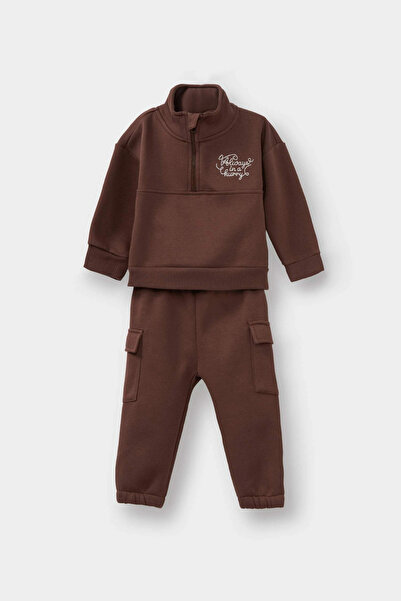 DeFacto G1126A5Bn334 Brown Baby Boy 2-Piece Set Printed Half-Zip Sweatshirt and Sweatpants