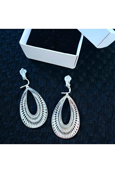 1PARÇAMAVİ Silver Lace Pattern Drop Model Clip Women's Earrings