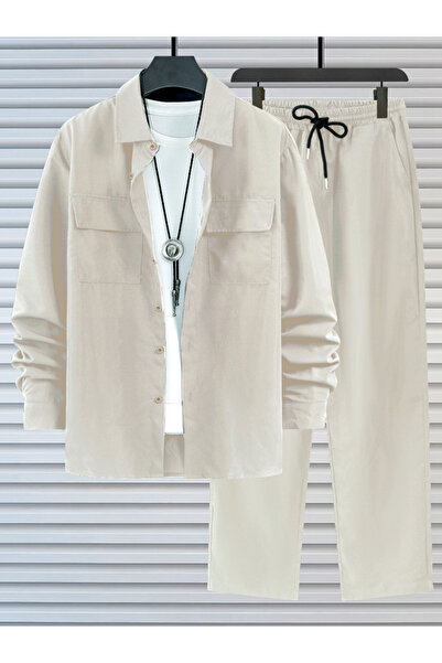 Take Two By Styli Men Beige Casual Shirt and Drawstring Pants Co-ords