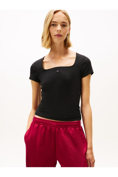 Tommy Hilfiger Women Black Square Neck Slim Soft Rib T-Shirt