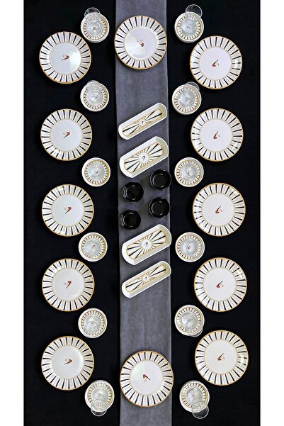 Erbaşlar Sevda Kuşu Siyah Yuvarlak 32 Parça 6 Kişilik Lüx Kahvaltı Takımı Seti