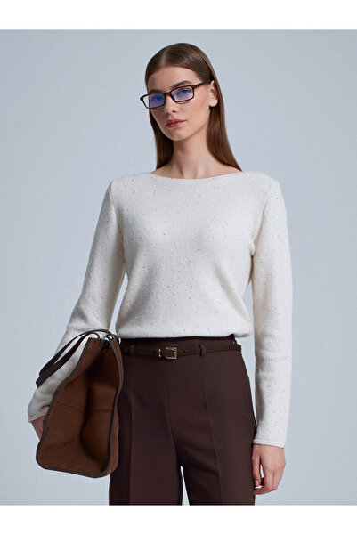 Dilvin 10836 Wool Blend Glitter Boat Neck Sweater-Cream