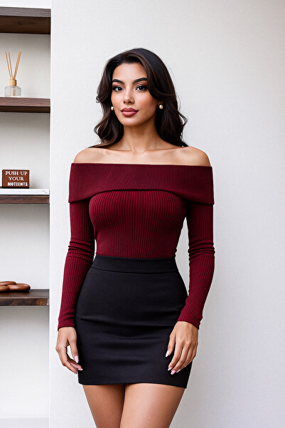 Ramior Omzu Light Burgundy Women's Knitwear Blouse – Flexible Fabric, Long Sleeves, Stylish Fit Model