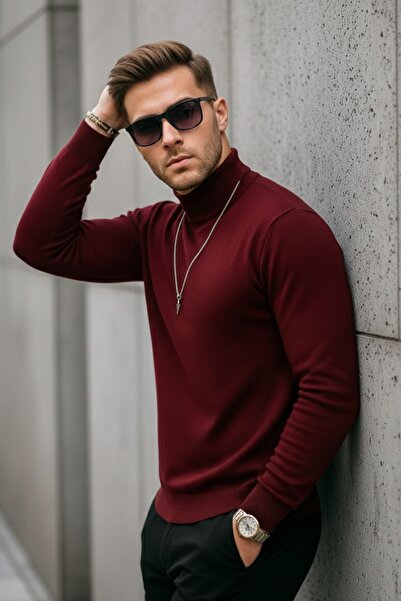 COMBİNE MİCHAİL Чоловічий преміальний бордовий водолазка вільного в'язання