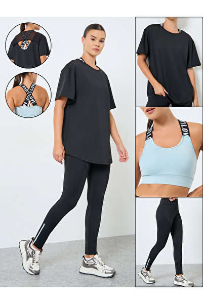 Styli Pack of 3 - Mesh Panel T-Shirt, Crossback Strap Sports Bra and Stitch Detail Leggings