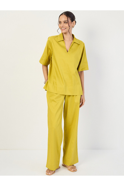 Femmella By Styli Women Green Open Collar Top and Pants Co-Ords