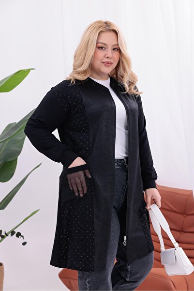 Siyezen Plus Size Zippered Cardigan with Mesh Pocket Detail and Rhinestones