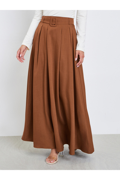 Styli Brown Solid Belted A-Line Maxi Skirt