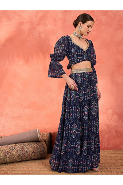 Sassafras By Styli Floral Hem Frill Crop Top with Anarkali Skirt Set