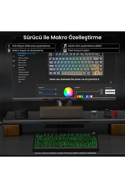 Aula F75 Mekanik RGB TKL Seiya Switch Kablosuz Makrolu Hot Swap Klavye Desenli Siyah