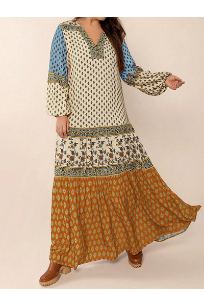 Take Two By Styli Women Bohemian Print Color Block Maxi Dress