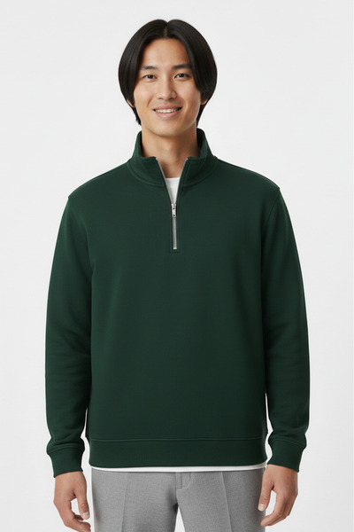 LAYKRA Yeşil Basic Dik Yaka İçi Pamuklu Polarlı Yarım Fermuarlı Regular Normal Kalıp Sweatshirt
