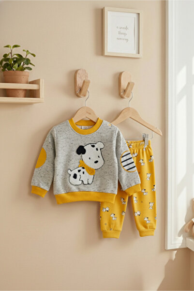 Bebişto Baby Boy Mustard Dog Plush Detailed Inside Fleece-Lined Winter 2-Piec...