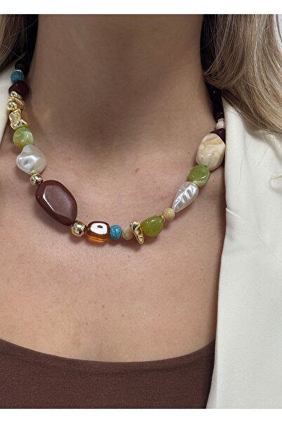 KİLİGİSTANBUL Green&Brown Mixed Bead Necklace 40 cm