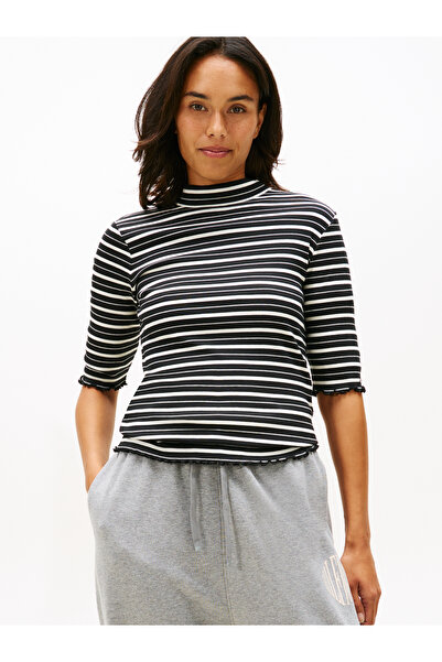 Tommy Hilfiger Women Black Fine Rib Half Sleeve T-Shirt