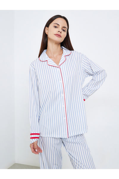 Styli Striped Contrast Trim Piping Shirt and Pyjama Set