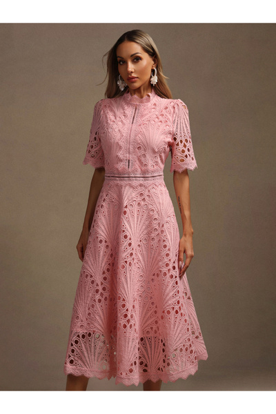 Take Two By Styli Women Pink All-Lace Midi Dress