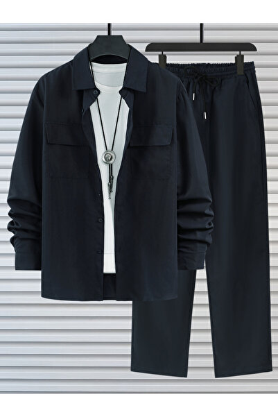 Take Two By Styli Men Dark Blue Casual Shirt and Drawstring Pants Co-ords