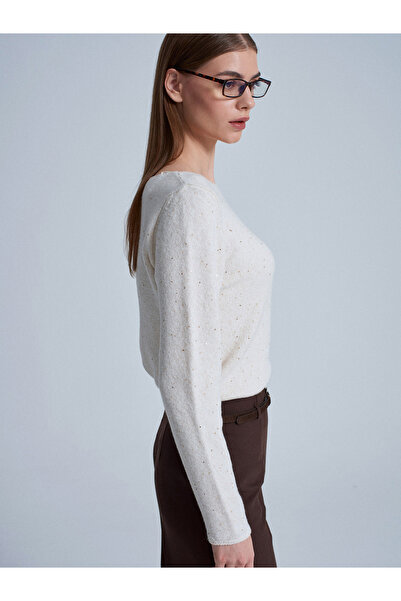 Dilvin 10836 Wool Blend Glitter Boat Neck Sweater-Cream