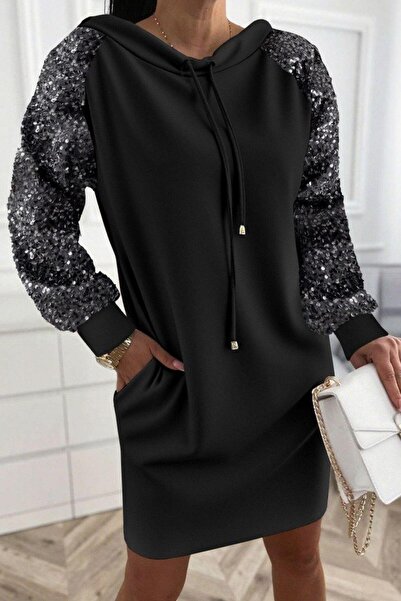 Mossta فستان قصير من الفيسكوز بخيوطين مع أكمام مزينة بالترتر وجيوب - أسود