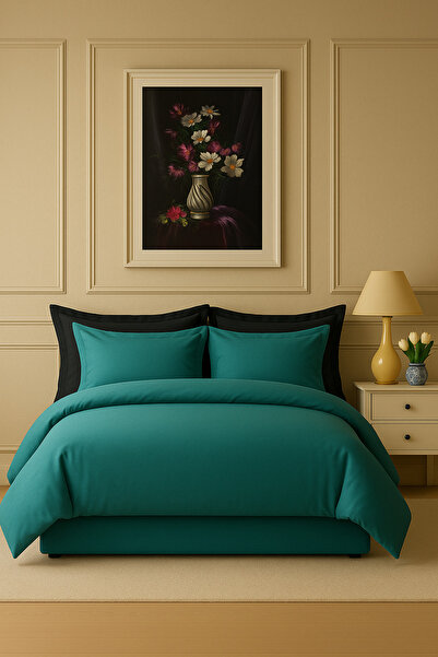 İQON Flat Sheet Duvet Cover Set 100% Cotton Double Size Turquoise-Black