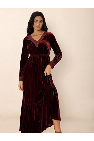 Take Two By Styli Burgundy Velvet Maxi Dress with Lace Trim Detail