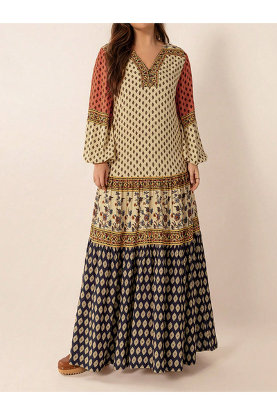 Take Two By Styli Women Bohemian Print Color Block Maxi Dress