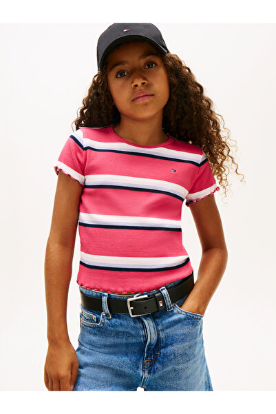 Tommy Hilfiger Girls Pink Essential Ruffle Slim Ribbed T-Shirt