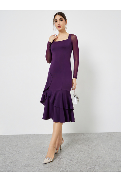 Styli Purple Mesh Long Sleeves Mermaid Hem Midi Dress