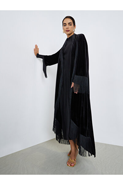 Styli Women Front Open Velvet Look Abaya with Tassel