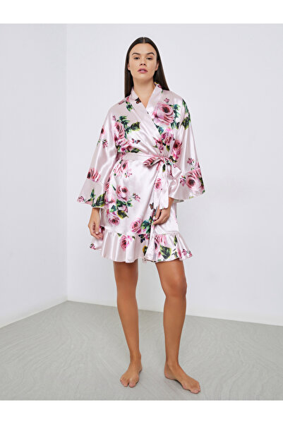 Styli Floral Print Ruffle Detail Satin Robe