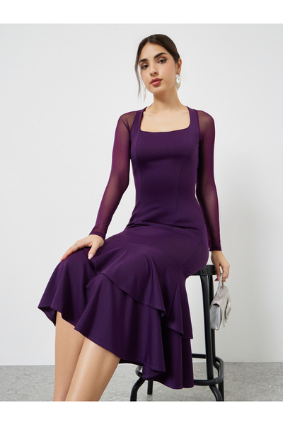 Styli Purple Mesh Long Sleeves Mermaid Hem Midi Dress