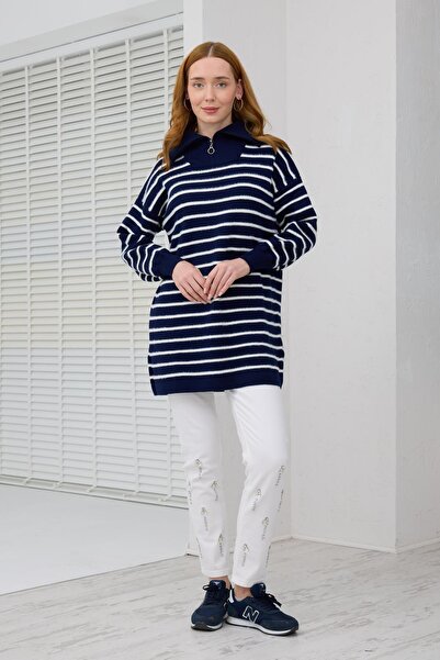 Moodbasic YENİ KADIN BALIKÇI YAKA ÇİZGİLİ TRİKO KAZAK MB30.33