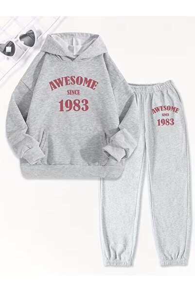 AEMİ Unisex Awesome Printed Hooded Sweatshirt and Jogger Sweatpants- Bottom Top Set