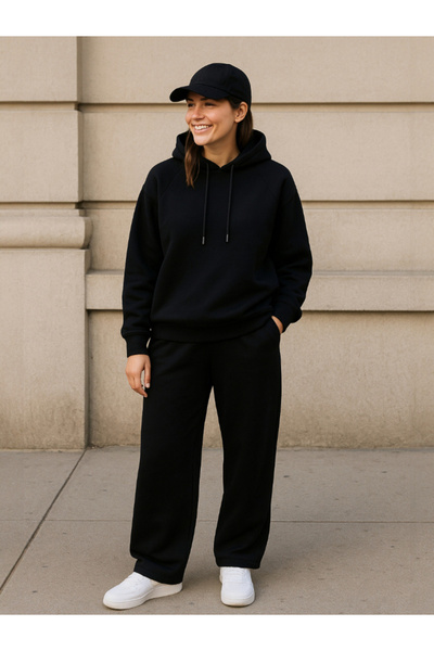 Victor and Jane By Styli Black Straight Leg Drawstring Joggers - Cotton Interlock