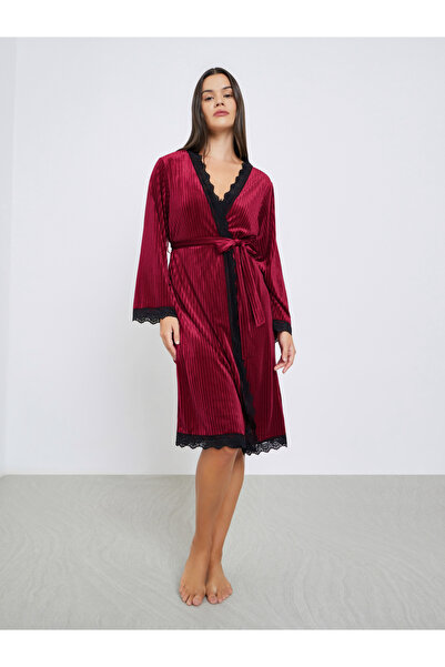 Styli Ribbed Velvet Contrast Lace Trim Slip Dress with Robe