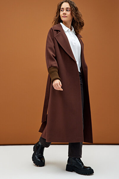 KENT Kahverengi Triko Manşetli Kuşaklı Uzun Oversize Kaşe Kaban